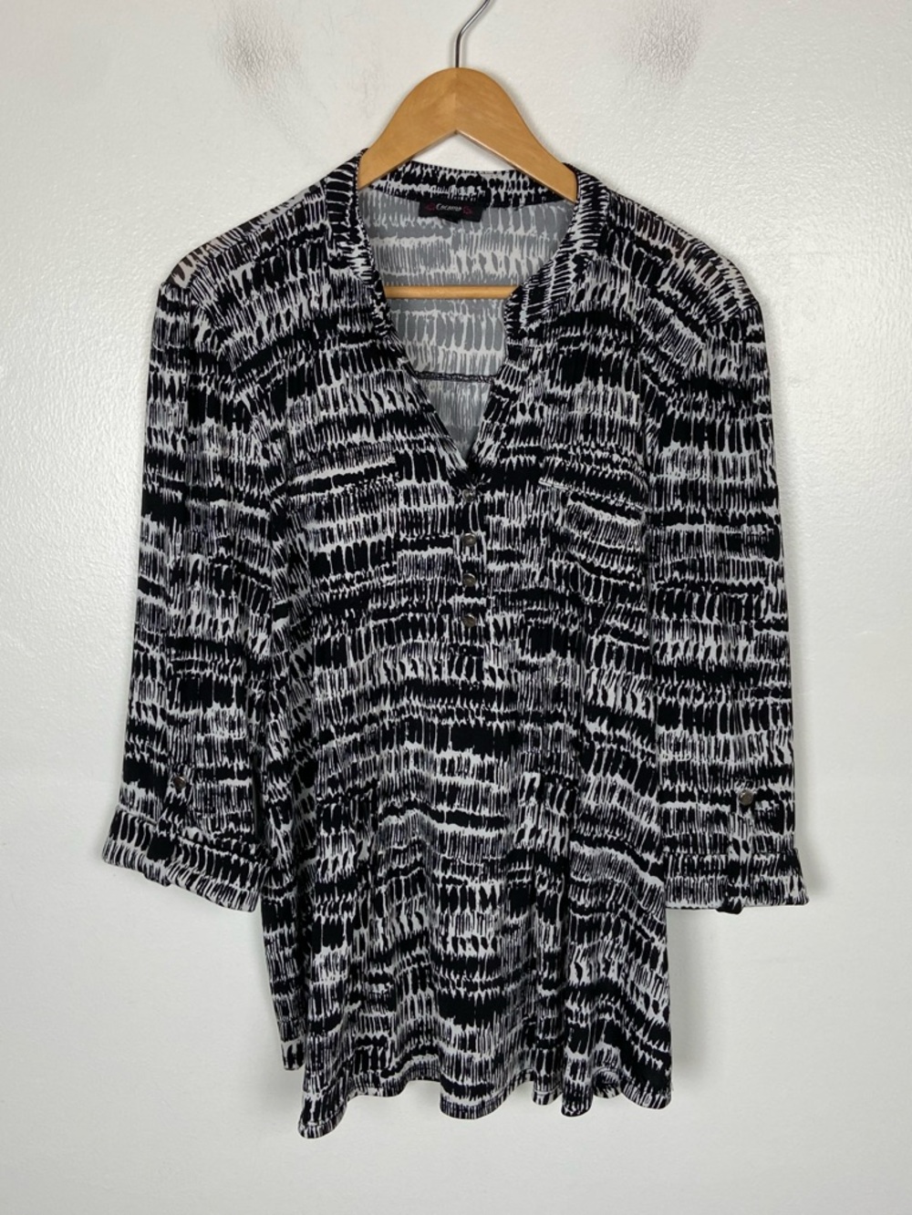 Cocomo 3/4 Sleeves Women's Top XL Abstract Black & White Boho Soft Liquid Knit